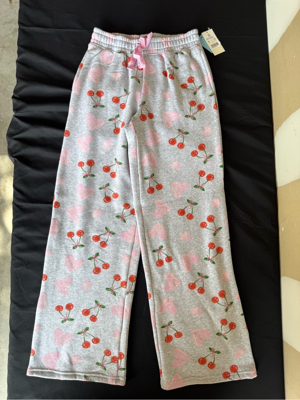 NWT Cherry Heart Print Wide Leg Fleece Sweatpants Heather Grey Women's XS